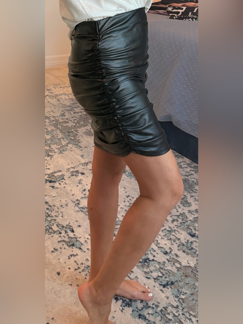 Shinestar Black Faux Leather Ruched Pencil Skirt